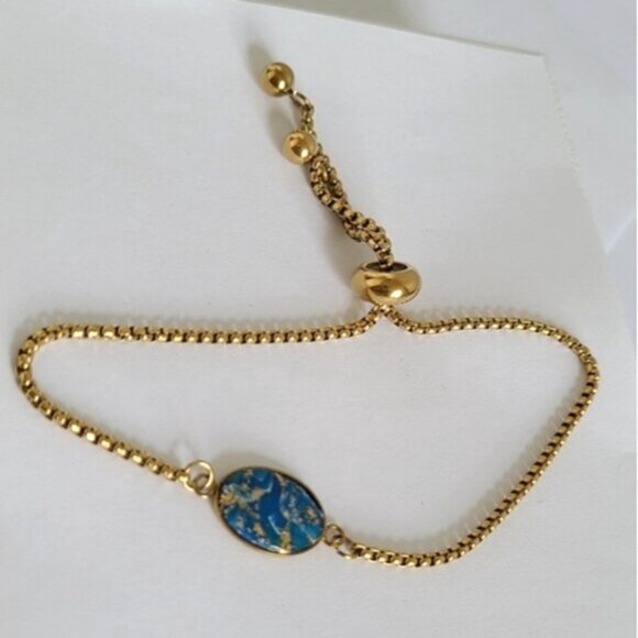 Handcrafted Boho Gold Blue Agate Gemstone Oval Dainty Adjustable Bracelet - Picture 4 of 8